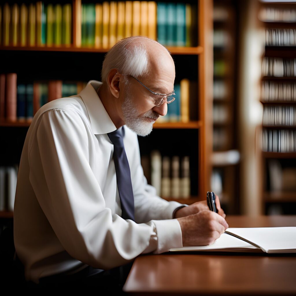 Professor doing research in library realistic photo of, award winning photograph, 50mm